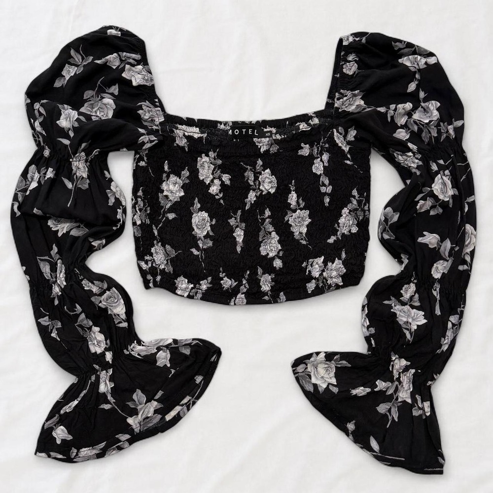 Motel Rocks Black Floral Smocked Crop Top Bell Sleeve XS